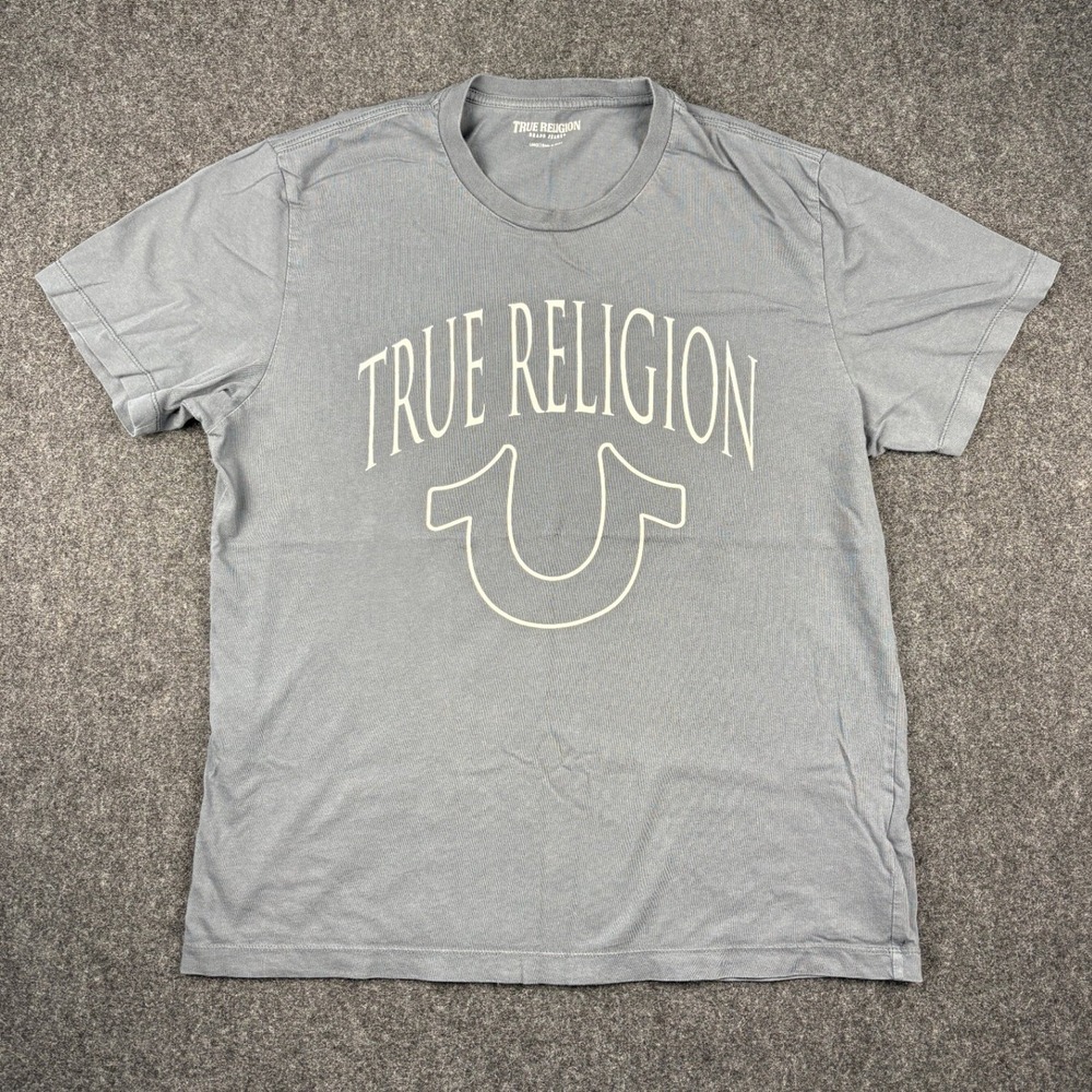 True Religion Mens Graphic T-Shirt Blue Gray Horseshoe Logo Crewneck Size L